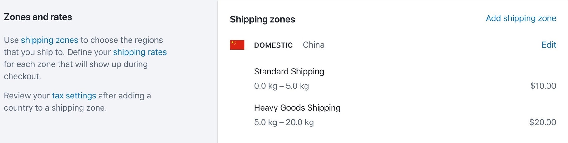 Shipping zones